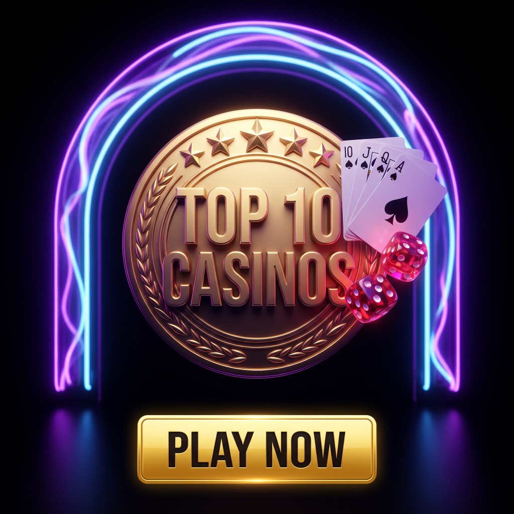 Gold medallion reading Top 10 Casinos with playing cards, red dice and a Play Now button under neon lights